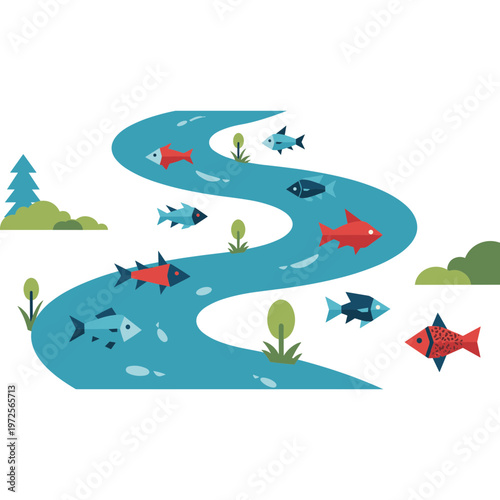 Colorful fish swim in a winding river with plants and trees on the banks.