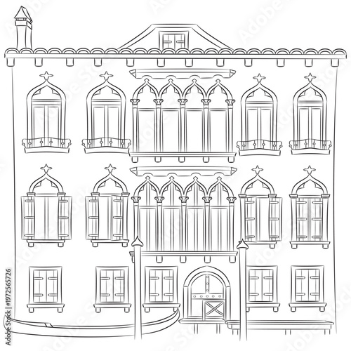 Venetian canal house facade with balcony and gondola black and white illustration