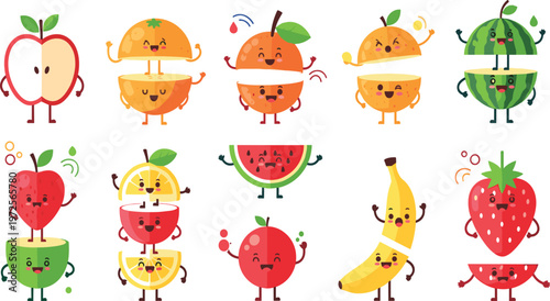 Cute Fruit Characters Set with Apple Orange Watermelon Banana Strawberry and Healthy Food Mascots in Kawaii Cartoon Style for Kids Vector Illustration Design.
