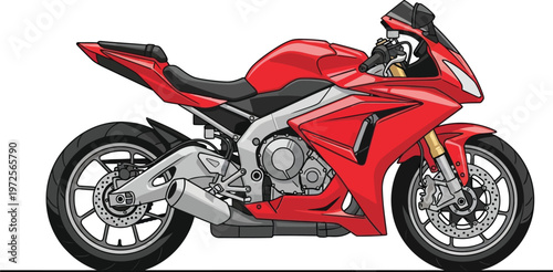 Red sport motorcycle with sleek design and powerful engine.