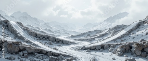 Expansive Snowy Mountain Landscape with Winding Path Under a Cloudy Sky in Winter