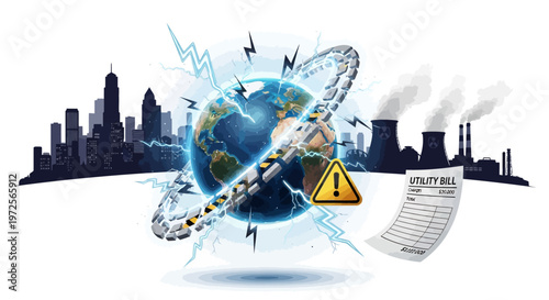A detailed vector illustration depicting the energy crisis, highlighting a chain encircling the earth amidst a city silhouette and industrial buildings, complemented by lightning bolts