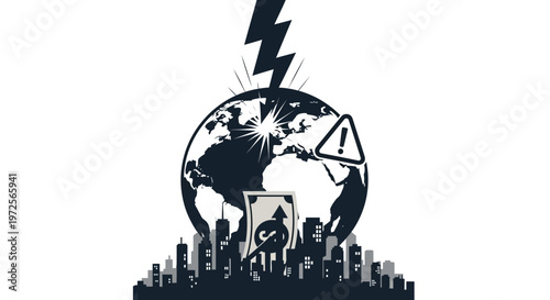A stark monochrome vector illustration depicts a global energy crisis, featuring a damaged Earth with a lightning bolt striking above a silhouetted city skyline and a warning sign, set