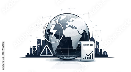 A monochromatic illustration depicting the global energy crisis through a silhouette of the city skyline beneath a world globe, overlaid with a warning sign and an energy bill showing