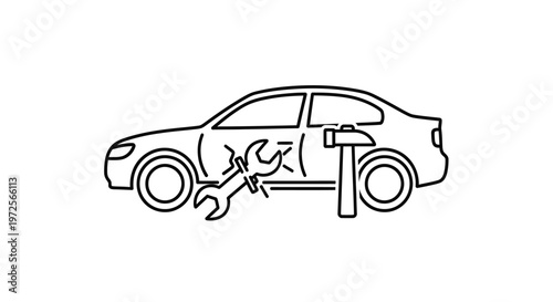 Line art illustration of a car undergoing repair with a wrench and hammer, symbolizing automotive service and maintenance.