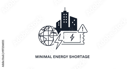 Conceptual vector illustration depicting the energy crisis, showing a stylized city silhouette and a globe with a lightning bolt, conveying a sense of urgency against a clean, white