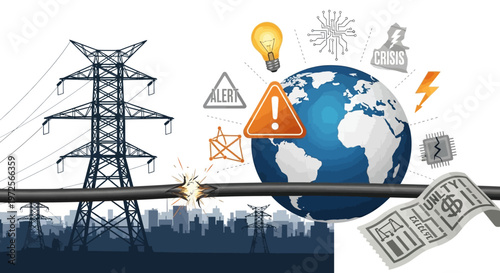 Against a white backdrop, a vector illustration highlights the energy crisis with a silhouette of a city skyline beneath power lines, featuring a cracked line and an alert symbol
