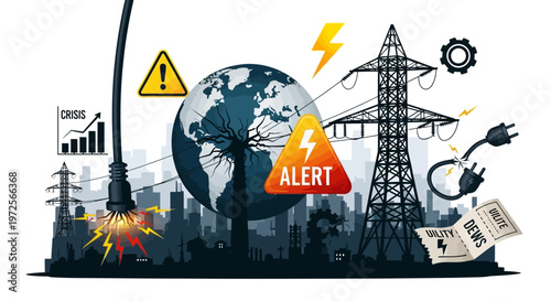 A vector illustration depicts the energy crisis with the Earth globe and a transmission tower against a city silhouette, rendered with a flat style and a focus on global issues in a starkly