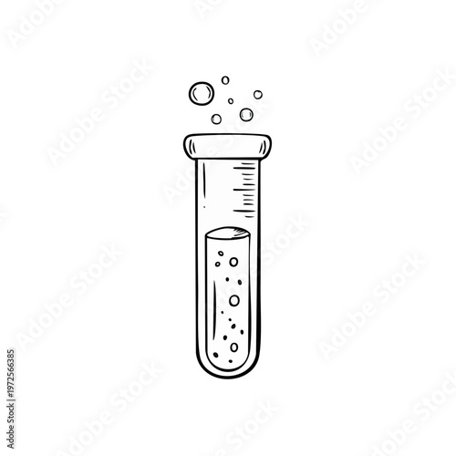 Hand drawn science laboratory test tube with bubbling liquid and air bubbles