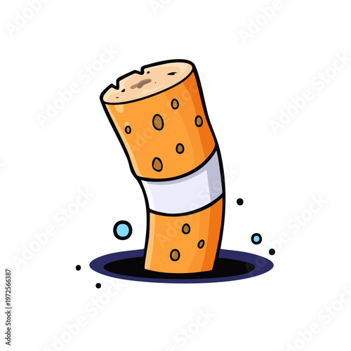 Discarded cigarette butt with ash and dark outline in a simple cartoon illustration style