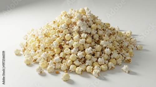 Large Pile of Freshly Popped Buttered Popcorn on a Clean White Surface