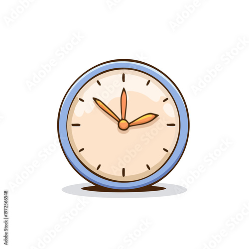 Simple cartoon alarm clock showing the time with blue frame and orange hands on a white background