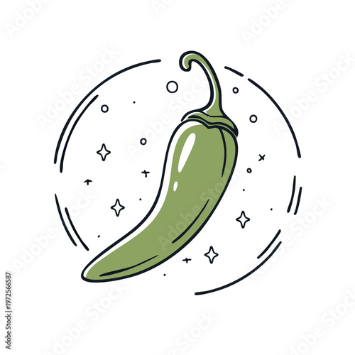 Fresh Green Jalapeno Pepper Illustration with Sparkling Outline