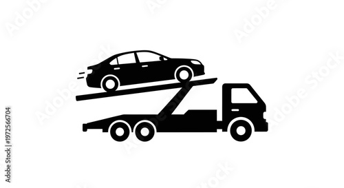 Black silhouette icon of a car carrier truck transporting a sedan vehicle on its flatbed, representing automotive transport services.