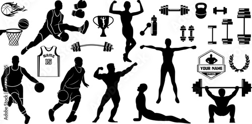 Sport Silhouette Set with Basketball Players, Bodybuilder, Gym Equipment, Dumbbells and Barbell Vector Icons