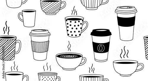 Hand drawn coffee cups and mugs seamless pattern.