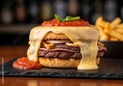 Gourmet burger with melted cheese, tomato sauce, and ham on a slate board with fries in the background