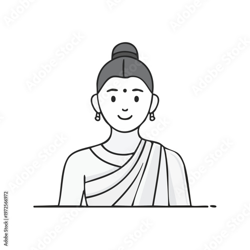 Woman wearing traditional attire with hair bun and earrings smiling peacefully
