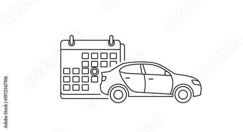 A simple line drawing depicts a car parked next to a calendar, symbolizing car rental or scheduling appointments.
