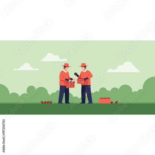 Two workers in orange uniforms planting trees in a green landscape
