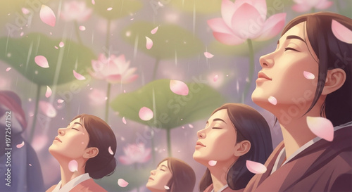 Peaceful women find tranquility under a gentle shower of pink lotus petals and soft rain, a moment of serene contemplation
