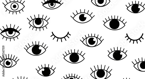 Hand drawn doodle eyes with eyelashes seamless pattern.