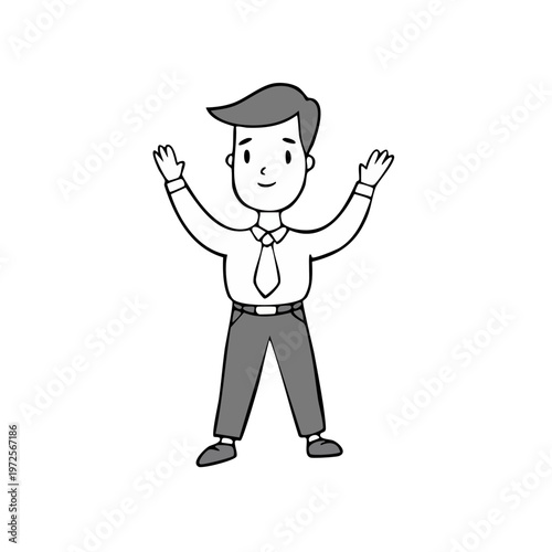 Happy businessman with raised arms expressing joy or excitement during an informal celebration or greeting