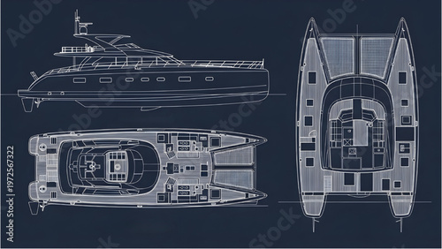 Luxury Motor Yacht Blueprint CAD Technical Drawing with Side Elevation and Main Deck Plan on Dark Blue Background