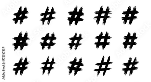 Hand drawn hashtag symbols set grunge style.