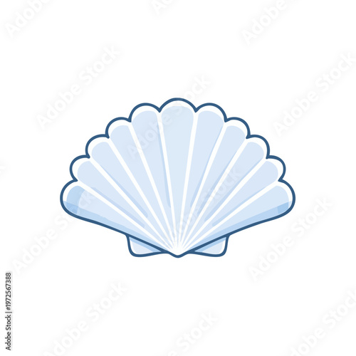Stylized illustration of a light blue scallop seashell with delicate radiating lines and a dark blue outline