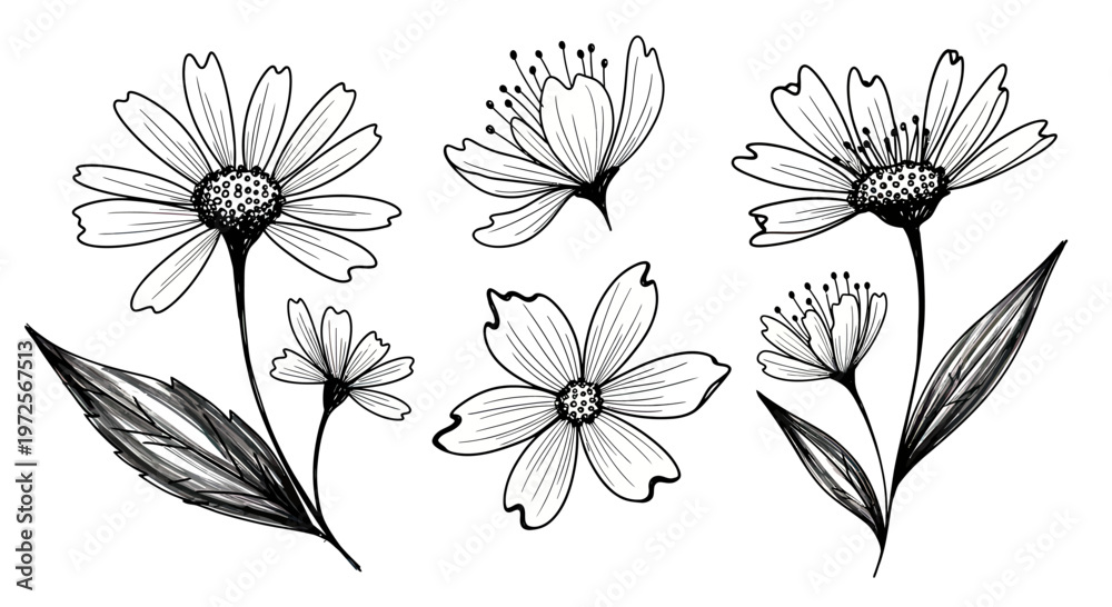 Fototapeta premium Hand Drawn Sketch of Various Delicate Flowers and Leaves.