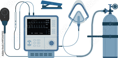 Advanced medical equipment set with ventilator monitor, oxygen cylinder, respiratory mask and clinical devices for intensive care illustration