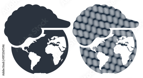 Global Weather Icons, Earth Map, Cloudy and Sunny Vector Graphics