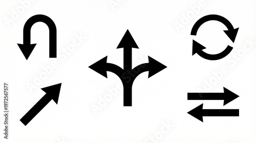 Five distinct black arrow symbols including U-turn, three-way, circular loop, diagonal, and double-headed horizontal on white background.
