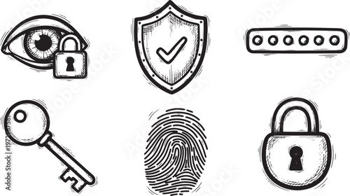 Cyber security doodle icon collection featuring a fingerprint and a padlock