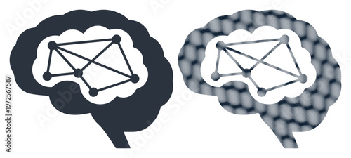 Brain, neural network, connection icons, black and gray, vector graphics, 2 designs, neuroscience symbols, cognitive concept, network topology