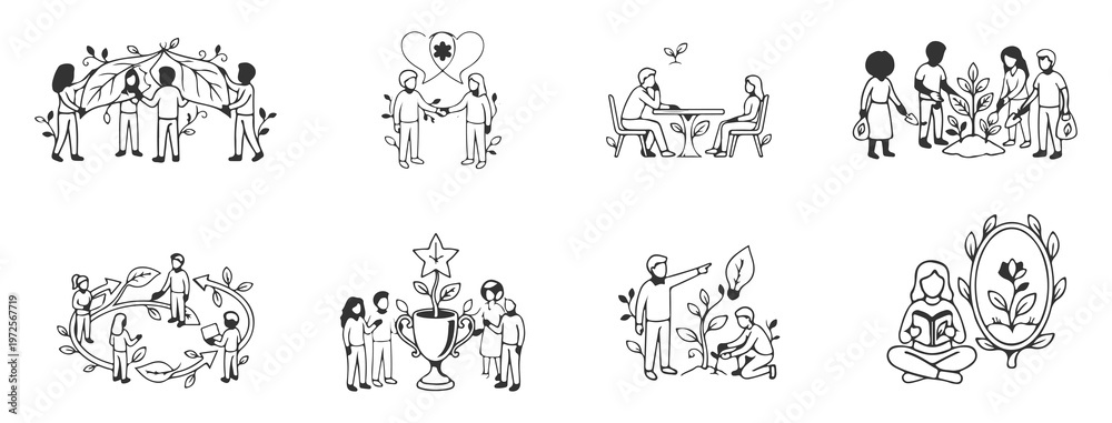Obraz premium Eco Friendly Business And Sustainability Line Illustration Set. illustrations depicting people engaged in eco activities