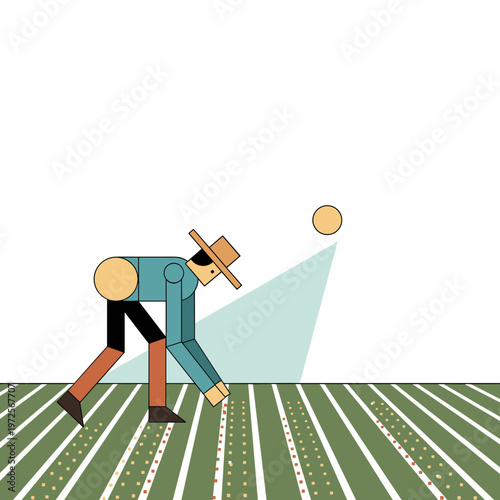 Man in blue shirt bending to pick up ball on green field with lines