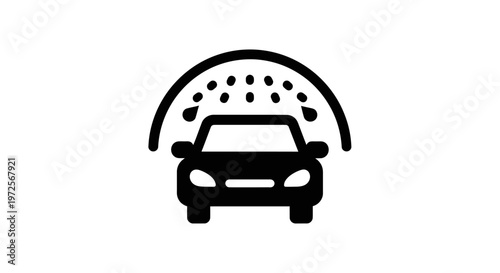 A black and white icon depicting a car undergoing a wash cycle under a spray of water.
