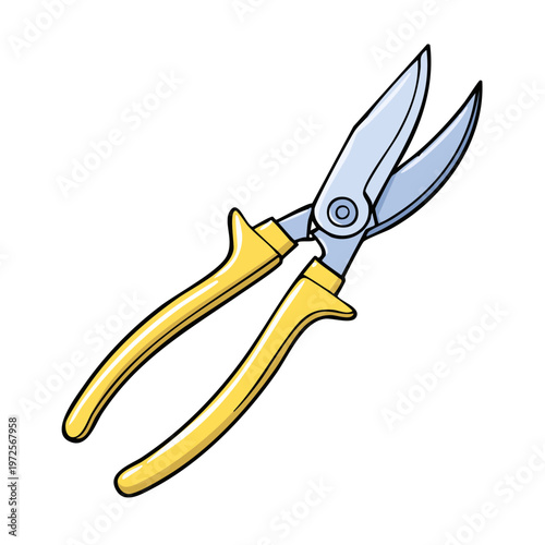 Open yellow handled garden shears for cutting plants and branches in a studio setting