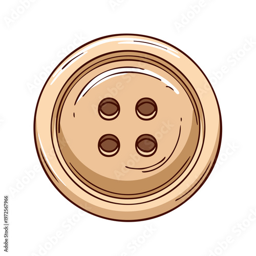 Round wooden button with four holes on a white background, a simple sewing accessory.