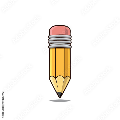 Sharpened yellow wooden pencil with pink eraser against white background, illustration