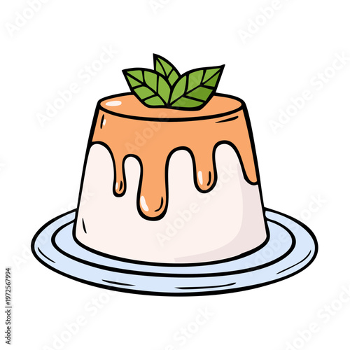 Dessert Panna Cotta with Caramel Sauce and Mint Leaf Garnish on a Plate