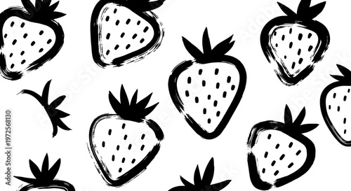 Hand-drawn brush stroke strawberries seamless pattern on white background.