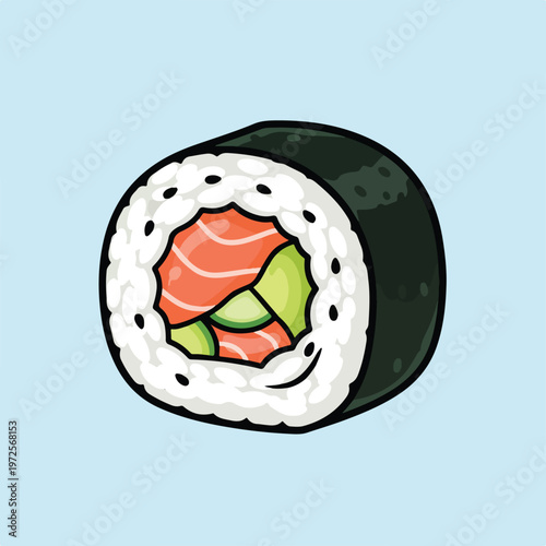 This vector illustration features a delicious-looking maki sushi roll with fresh salmon, avocado, and rice, all wrapped in a dark seaweed layer.