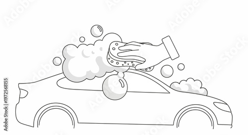 A hand holding a sponge washes a car with soap and bubbles, illustrating a car cleaning service.