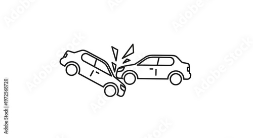 A stark black and white line drawing depicts two cars colliding forcefully, with fragments of glass or debris exploding outwards from the impact point.