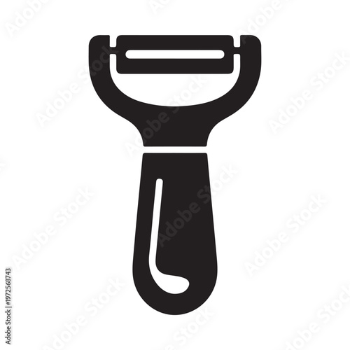 A simple black and white illustration of a kitchen vegetable peeler tool