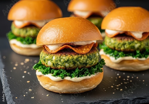 Delicious homemade veggie burgers with green spinach patties, fresh kale, and creamy sauce on a dark slate