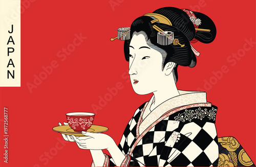 Traditional Japanese geisha holding tea cup, with calligraphy.